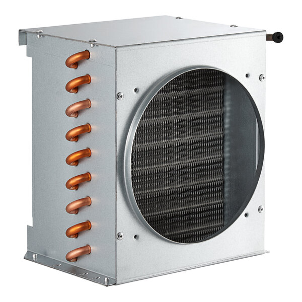 An Avantco condenser coil with orange metal pipes inside a metal box with a round vent.