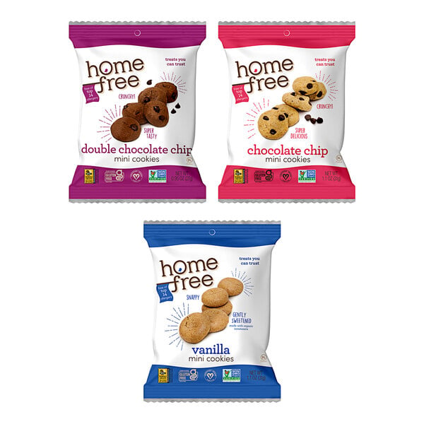 A group of Homefree cookie variety packs on a white background. One pack features a close-up of a chocolate chip cookie.