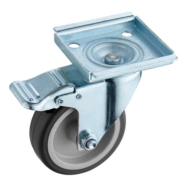 An Avantco caster with a metal plate and metal wheel with a black rubber tire.