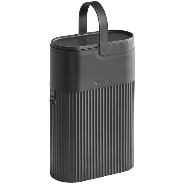 A black plastic container with a handle and a lid.