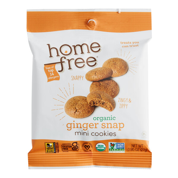 A white bag of Homefree Organic Mini Ginger Snap Cookies with a close up of a cookie.