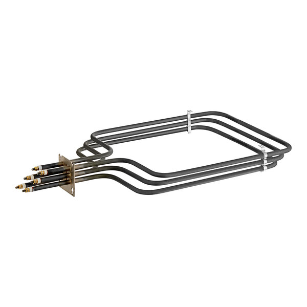 A black metal heating element with three bars and wires.