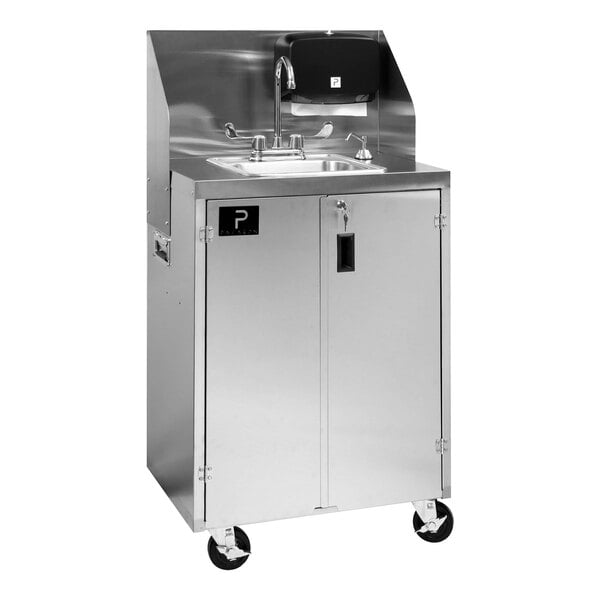 A Paragon stainless steel portable hot water hand sink on wheels.