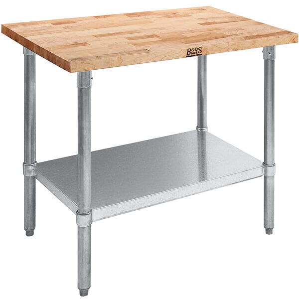 A John Boos wood top work table with a galvanized base and adjustable undershelf.