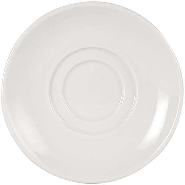 A white Tuxton Columbia saucer with a circle in the middle and a rim.