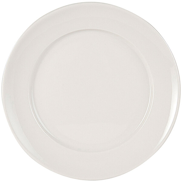 A white Tuxton Columbia china plate with a white rim.