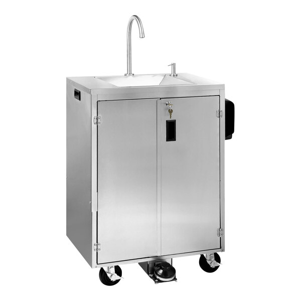 A stainless steel portable hand sink on wheels.