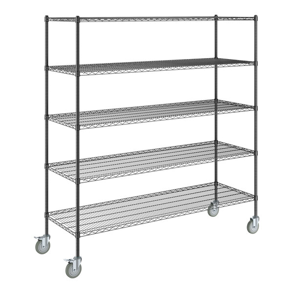 A Steelton black metal wire shelving unit with wheels.