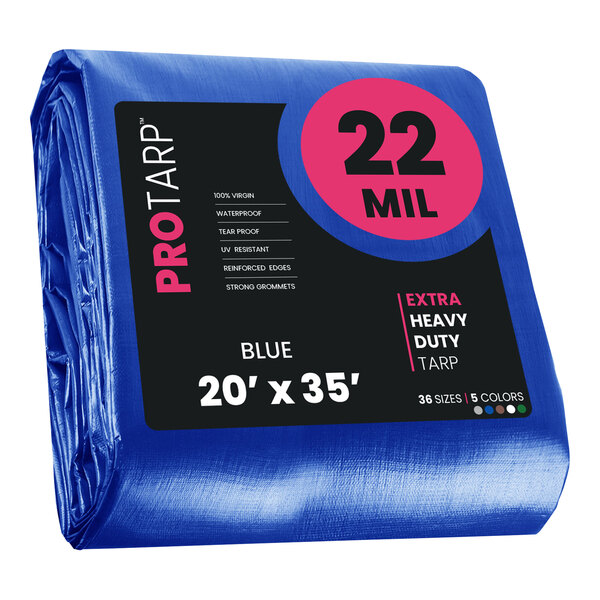 A blue ProTarp with reinforced edges and a black and pink label.