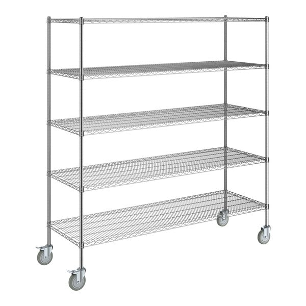 A Steelton chrome wire shelving unit with 5 shelves and wheels.