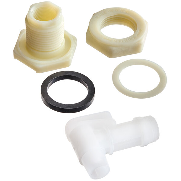 A white plastic fitting with a black ring, nut, and washer for a plastic pipe.