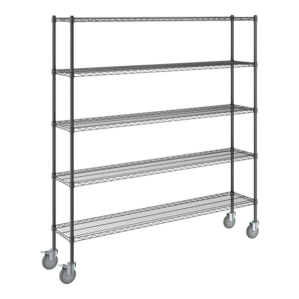 A Steelton black wire shelving unit with casters.