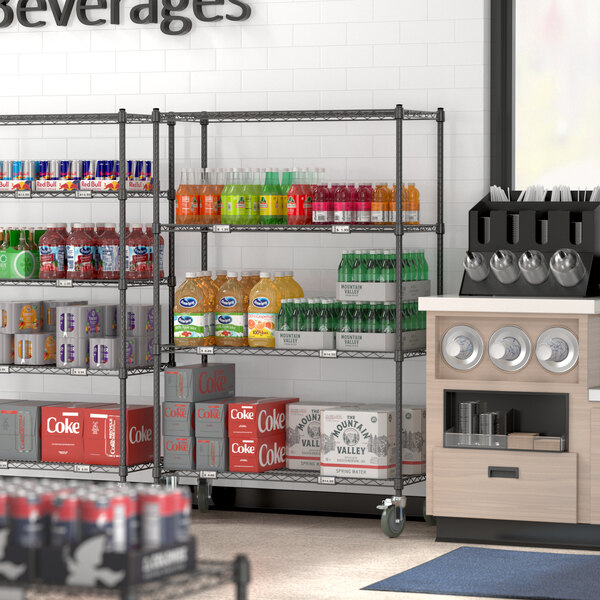 A Steelton wire shelving kit in a convenience store with beverages on a shelf.