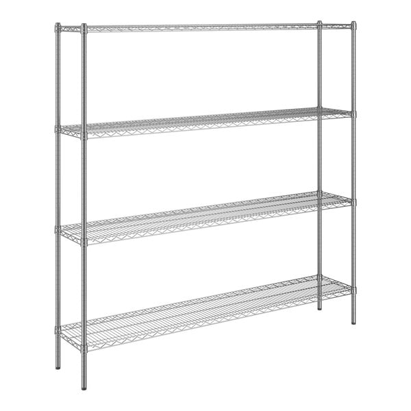 A wireframe of a Steelton 14" x 72" NSF Chrome wire shelving kit with 72" posts.