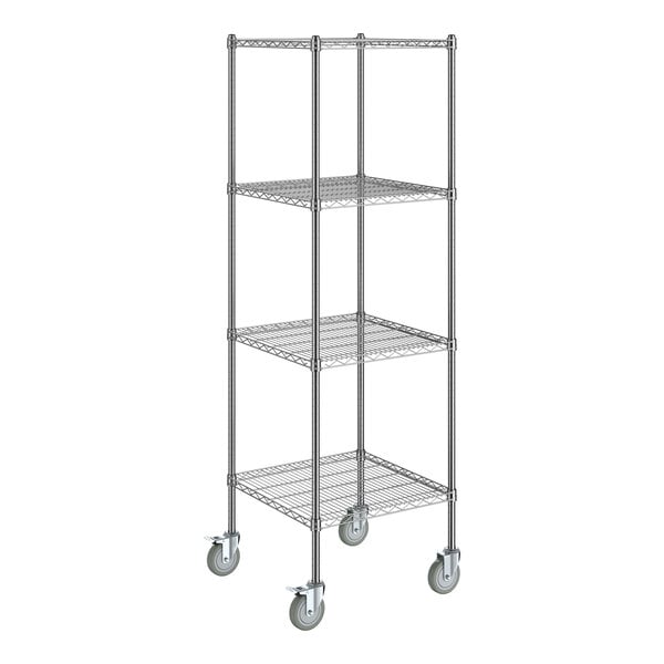 A Steelton chrome wire shelving kit with four shelves and wheels.