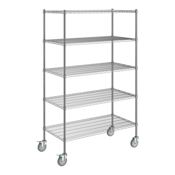 A Steelton chrome wire shelving unit with four shelves and wheels.