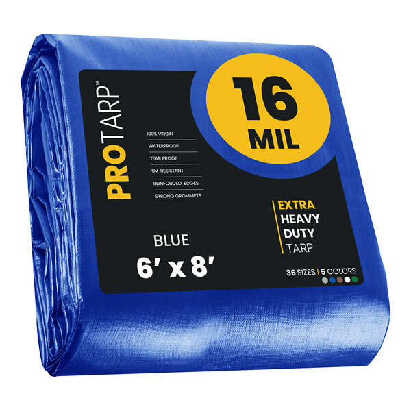 A blue ProTarp with reinforced edges in plastic packaging.