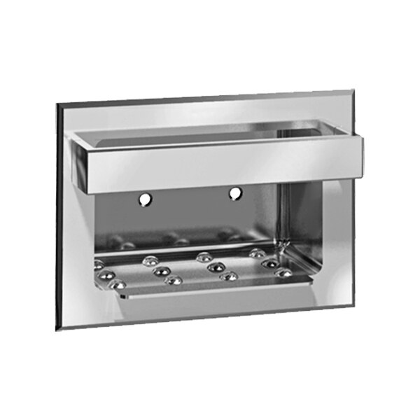 A silver rectangular American Specialties, Inc. stainless steel recessed soap dish and bar.