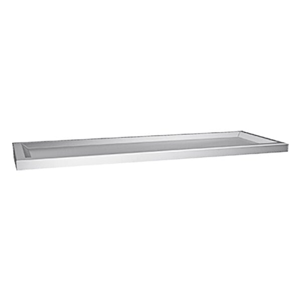A stainless steel wall-mounted shelf with raised edges.