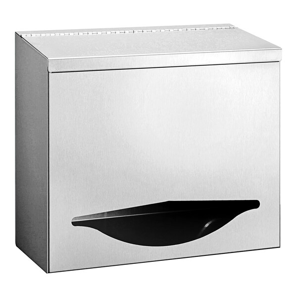 A stainless steel rectangular PPE dispenser with a black lid.
