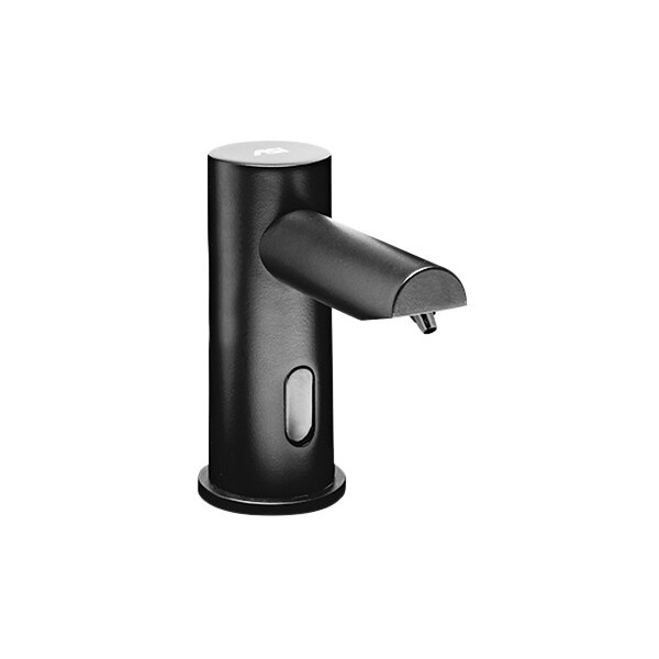 A close-up of a matte black American Specialties, Inc. liquid soap dispenser with a button on a counter.