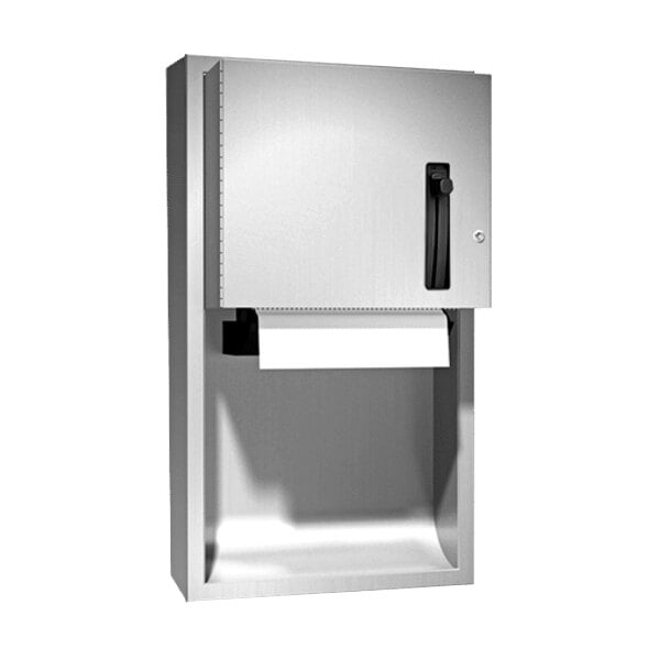 An American Specialties, Inc. stainless steel surface-mounted paper towel dispenser with a roll of paper towels inside.