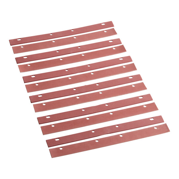 A row of red rubber strips with holes.
