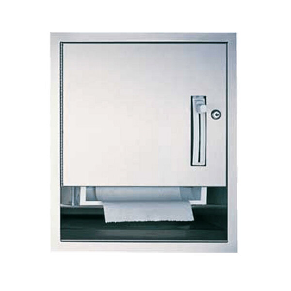 An American Specialties, Inc. stainless steel recessed manual roll paper towel dispenser with a roll of paper towels inside.