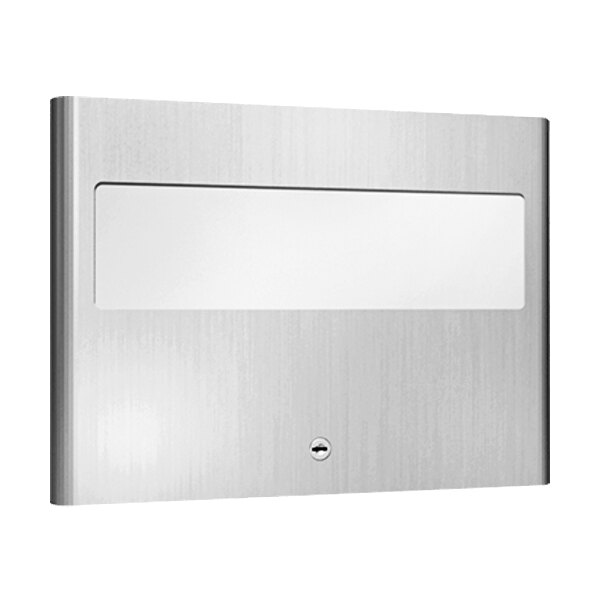 A silver rectangular American Specialties, Inc. stainless steel recessed toilet seat cover dispenser.