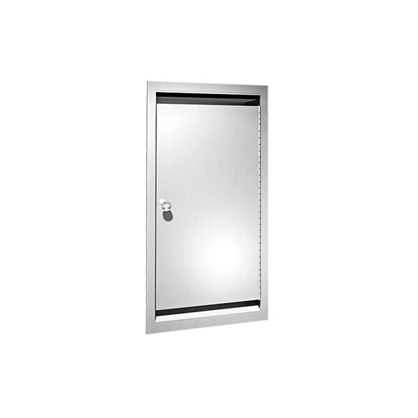 A stainless steel door with a handle on it on a white background.