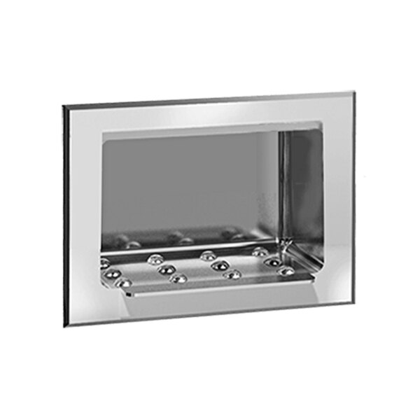 A rectangular stainless steel soap dish with a bright polished finish and a window.