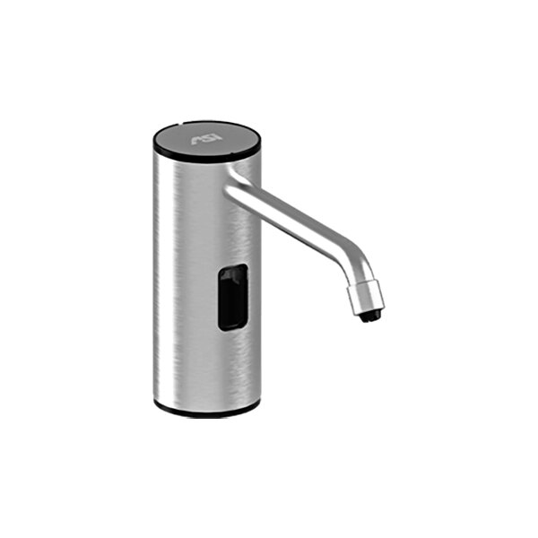 A stainless steel American Specialties, Inc. battery-operated liquid soap dispenser.