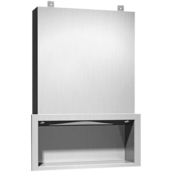 An American Specialties, Inc. stainless steel concealed cabinet with a shelf and towel dispenser behind a door.