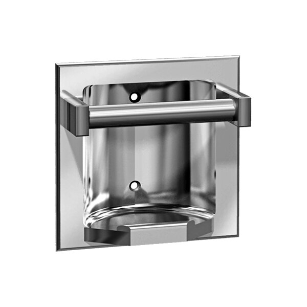 A stainless steel recessed soap dish from American Specialties, Inc. with a silver metal bar and wet wall holes.