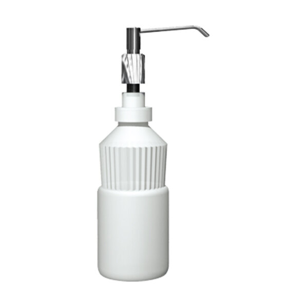An American Specialties, Inc. white plastic soap dispenser with a stainless steel pump.