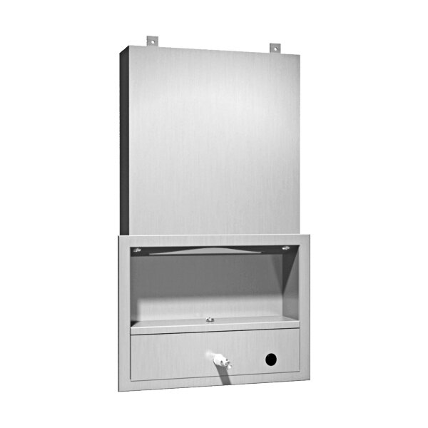 An American Specialties white concealed cabinet with paper, towel, and soap dispensers.