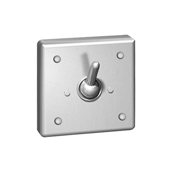 A square metal front-mounted clothes hook with a knob.