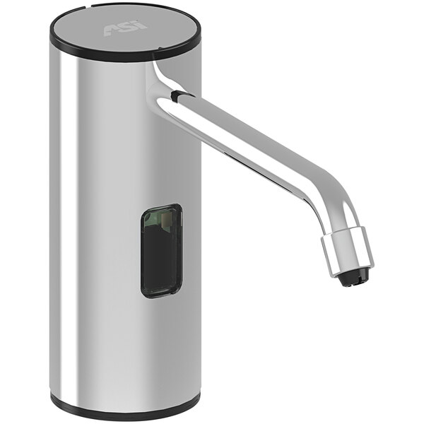 An American Specialties, Inc. vanity-mounted automatic foam soap dispenser with a silver and black top.