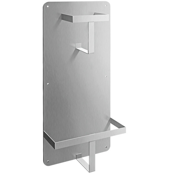 A stainless steel American Specialties, Inc. wall-mounted bedpan and urinal holder.