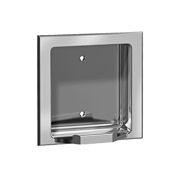 A silver rectangular American Specialties, Inc. recessed soap dish with wet wall holes.