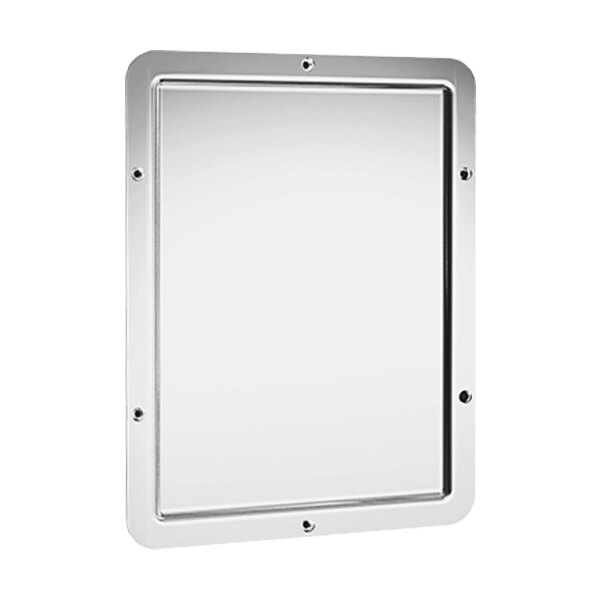 An American Specialties, Inc. stainless steel rectangular security mirror with screws.