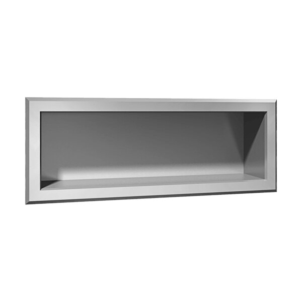 A stainless steel rectangular recessed shelf.