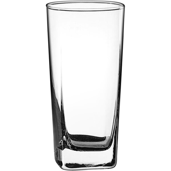 A clear Plaza highball glass with a black rim.