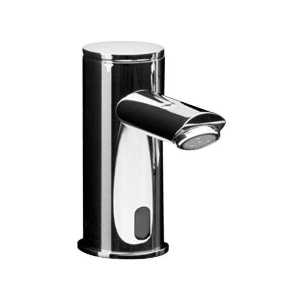 A silver American Specialties, Inc. touchless faucet with a chrome finish and a black button.