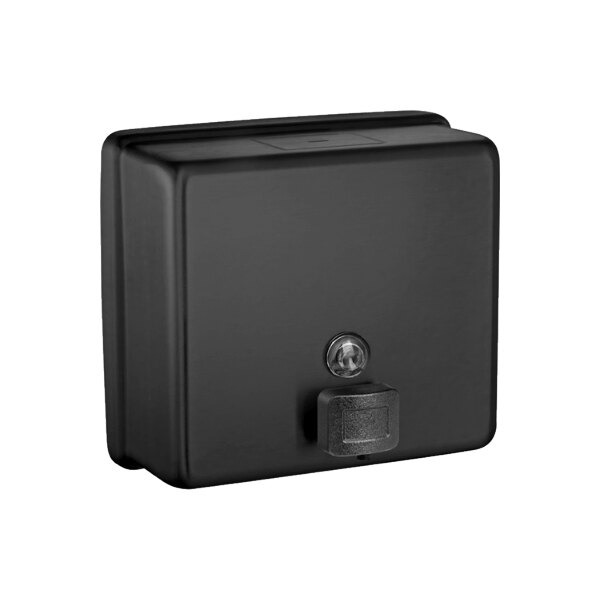 A matte black American Specialties, Inc. surface-mounted liquid soap dispenser with a lock.