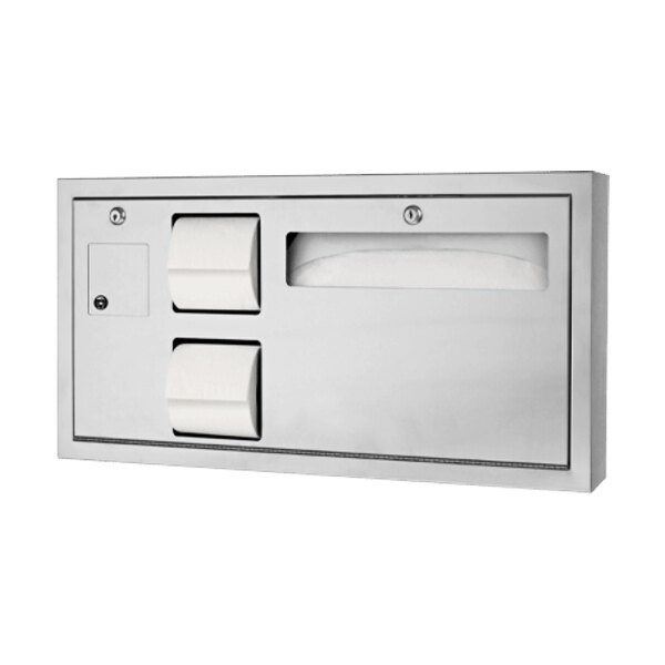 A stainless steel American Specialties, Inc. toilet paper dispenser with two doors.