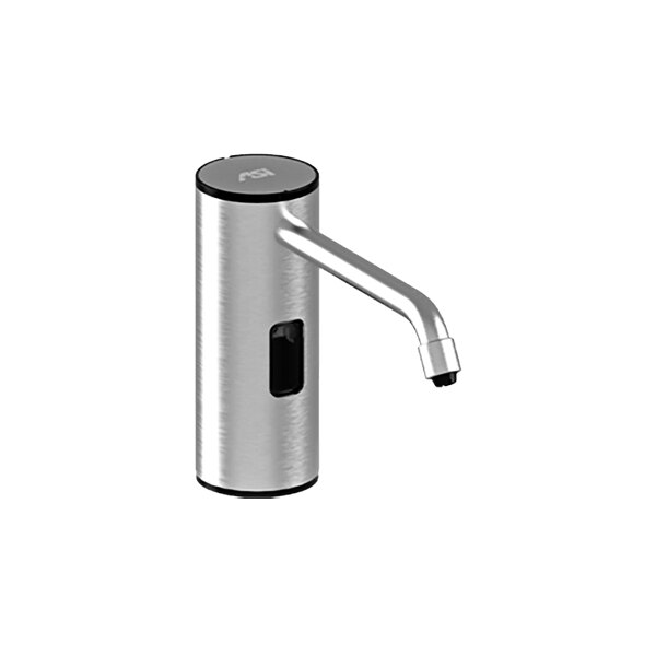An American Specialties, Inc. stainless steel automatic liquid soap dispenser with black accents.