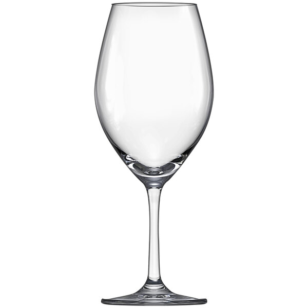 A close-up of a clear Lucaris Serene Cabernet wine glass with a stem.