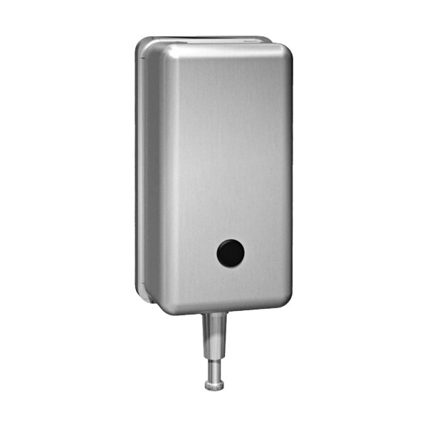 A stainless steel American Specialties, Inc. liquid soap dispenser with a black button.