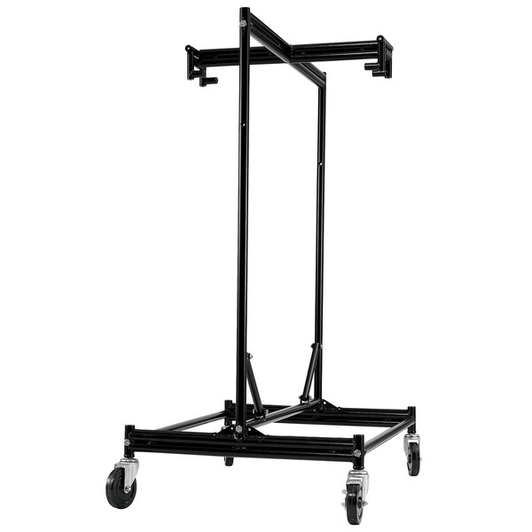 A black metal rack with wheels for a National Public Seating Stage Dolly.